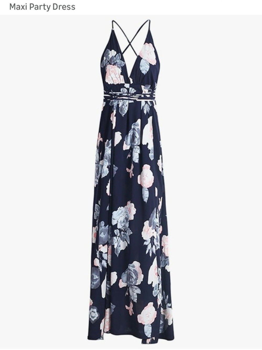 Bohemian Floral Navy Maxi Party Dress with Cross-Back Straps